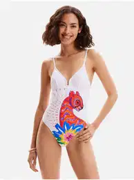 Women's White Patterned One-piece Swimsuit Panter - Women
