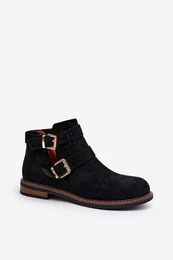 Women's Flat Heel Ankle Boots with Straps Black Melviana
