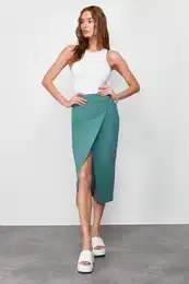 Green Linen Look Buckle Detailed Double Breasted Closure Midi Woven Skirt