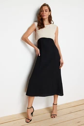 Black A-Line Midi Crepe Woven Dress
