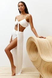 Ecru Woven Slit Blouse Trousers Beach Set