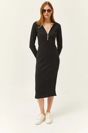 Women's Black Zippered Hooded Thick Ribbed Midi Dress Elb- 19002028