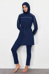 Navy Blue Piped Beachwear Fully Covered 3-Piece Swimsuit Set