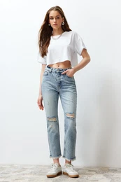 Blue Ripped Detailed High Waist Straight Jeans