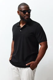 Large Size Black Regular Cut Basic 100% Cotton Polo Neck T-shirt