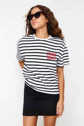 Red Striped Slogan Embroidery Detail Relaxed Cut Knitted T-Shirt