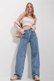 Trend Alaat Stili Women's Blue High Waist 5 Button Pocket Snow Washed Jeans