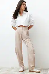 Mink Jogger Elastic Waist Woven Trousers with Cargo Pocket