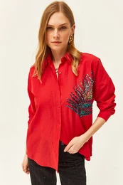 Women's Red Palm Sequin Detailed Oversize Woven Poplin Shirt