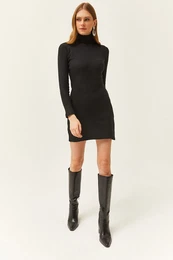 Women's Black Full Turtleneck Thick Ribbed Mini Dress