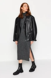 Anthracite Midi Knit Wide Pattern Soft Texture Dress