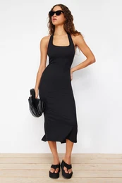 Black Fitted Square Neck Ribbed Stretchy Knitted Maxi Pencil Dress