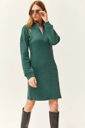 Women's Green High Collar Zippered Casual Dress