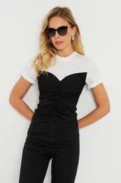 Women's Gathered T-Shirt Blouse Black-White KS117