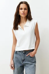 Ecru 100% Cotton Polo Neck Regular/Normal Pattern Knitted T-Shirt