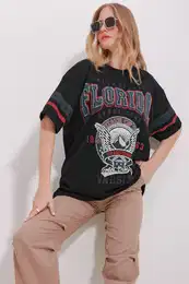 Trend Alaat Stili Women's Black Crew Neck Printed Two Thread Oversize T-Shirt