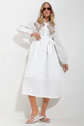 Trend Alaat Stili Women's White Judge Collar Front Embroidered Balloon Sleeve Belt Lined Woven Dress