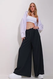 Trend Alaat Stili Women's Navy Blue High Waist Darted Wide Leg Front Zipper Trousers