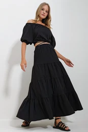 Trend Alaat Stili Women's Black Madonna Collar Crop Blouse Gathered Inner Lined Skirt Poplin Suit