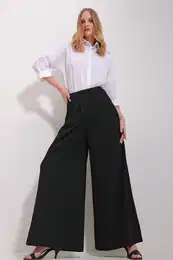 Trend Alaat Stili Women's Black High Waist Darts Wide Leg Front Zipper Trousers