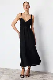 Black Waist Opening Strap Midi Woven Dress