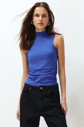 Saxe Blue Basic High Neck Regular Zero Sleeve Knitted Blouse