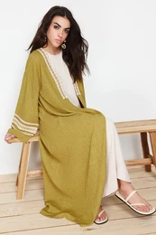 Oil Green Brode Detail Long Woven Kimono & Kaftan & Abaya