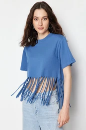 Indigo 100% Cotton Tassel Detailed Knitted T-Shirt