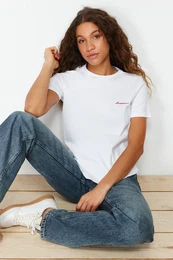 White 100% Cotton Motto Embroidered Regular Fit Knitted T-Shirt