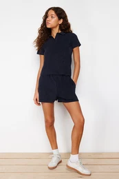 Navy Blue Towel Regular/Normal Fit Polo Neck and Regular Leg Knitted Two Piece Set