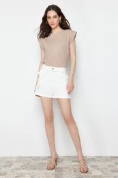 Ecru Pocket Flap Belted Mini Woven Shorts