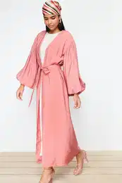 Pale Pink Belted Long Woven Cap & Abaya & Abaya
