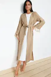 Mink Belted Tulle Detailed Woven Cap & Ferace & Abaya
