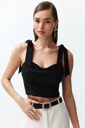 Black Crop Tie Detailed Woven Bustier