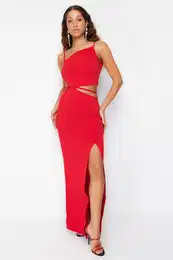 Red Bias Detailed Knitted Long Evening Dress