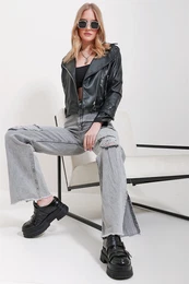 Trend Alaat Stili Women's Gray High Waist Side Slits Vintage Jeans