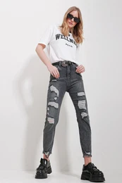 Trend Alaat Stili Women's Anthracite Washed Tumbled Mom Jeans