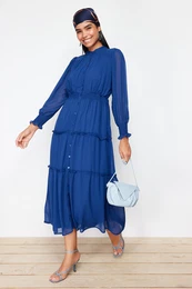 Indigo Sleeves and Waist Gipe Detail Lined Chiffon Woven Shirt Dress