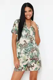 Multicolored Animal Patterned Viscose Woven Pajama Set