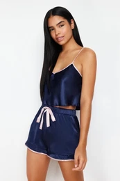 Navy Blue Piping and Ribbon/Bow/Tie Detail Woven Pajama Set with Satin Shorts