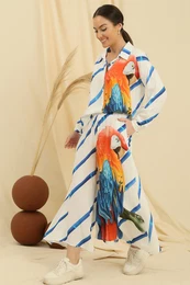 By Sayg Side Slit Tunic Shirt Waist Elastic Pocket Palazzo Trousers Parrot Pattern Oversize Viscose