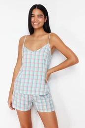 Multicolor Plaid Rope Strap Viscose Woven Pajama Set