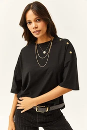 Women's Black Shoulder Gold Buttoned Cotton T-Shirt