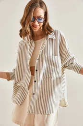 Women's Striped Single Pocket Oversize Shirt