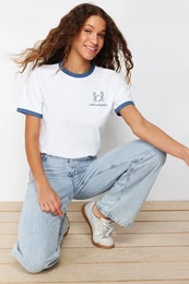 Ecru 100% Cotton Embroidered Contrast Piping Detailed Knitted T-Shirt