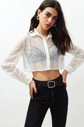 Ecru Lace Crop Regular Regular Fit Woven Shirt