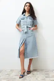 Blue Belt Maxi Denim Dress