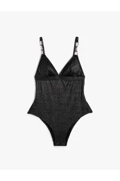 Silvery Swimsuit Stony Chain Detailed Strap V-Neck