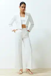 Ecru Wide Leg/Wide Leg Striped Woven Trousers