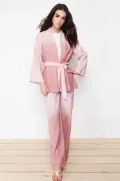 Purple Linen Look Woven Kimono Trousers Top and Bottom Set
